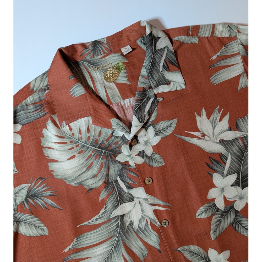 Caribbean Mens XL Silk Blend Tropical Floral Palm Leaf Button Down Shirt NICE!